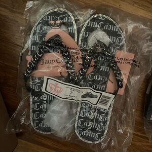 Juicy Couture Black Rhinestone and Chain Logo Flip Flops